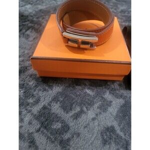 Hermes Drag Double Tour Bangle Bracelet Orange Leather Silver-tone...Authentic